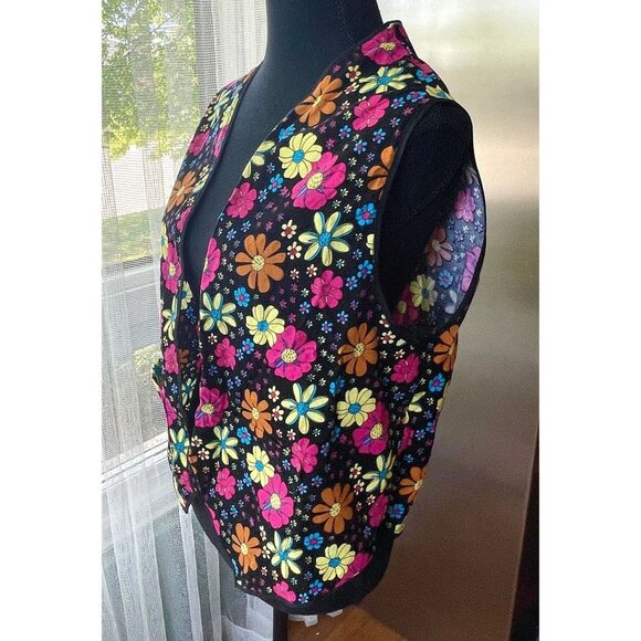 Vintage hippie vest, black, yellow, orange, hot pink crazy daisies, flower power - Picture 3 of 10